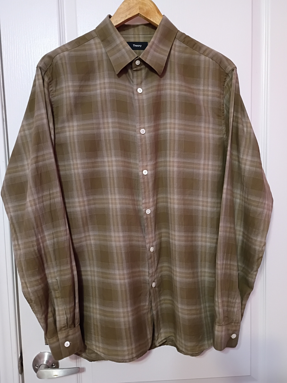 Theory Men's Olive Plaid Button-Up Shirt